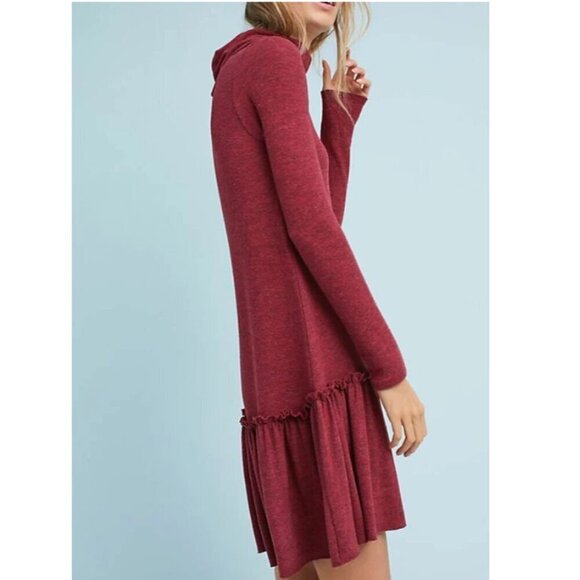 Anthropologie Tunic Sweater Dress Medium Red Turtleneck Drop-Waist Ruffle Hem - Picture 5 of 5